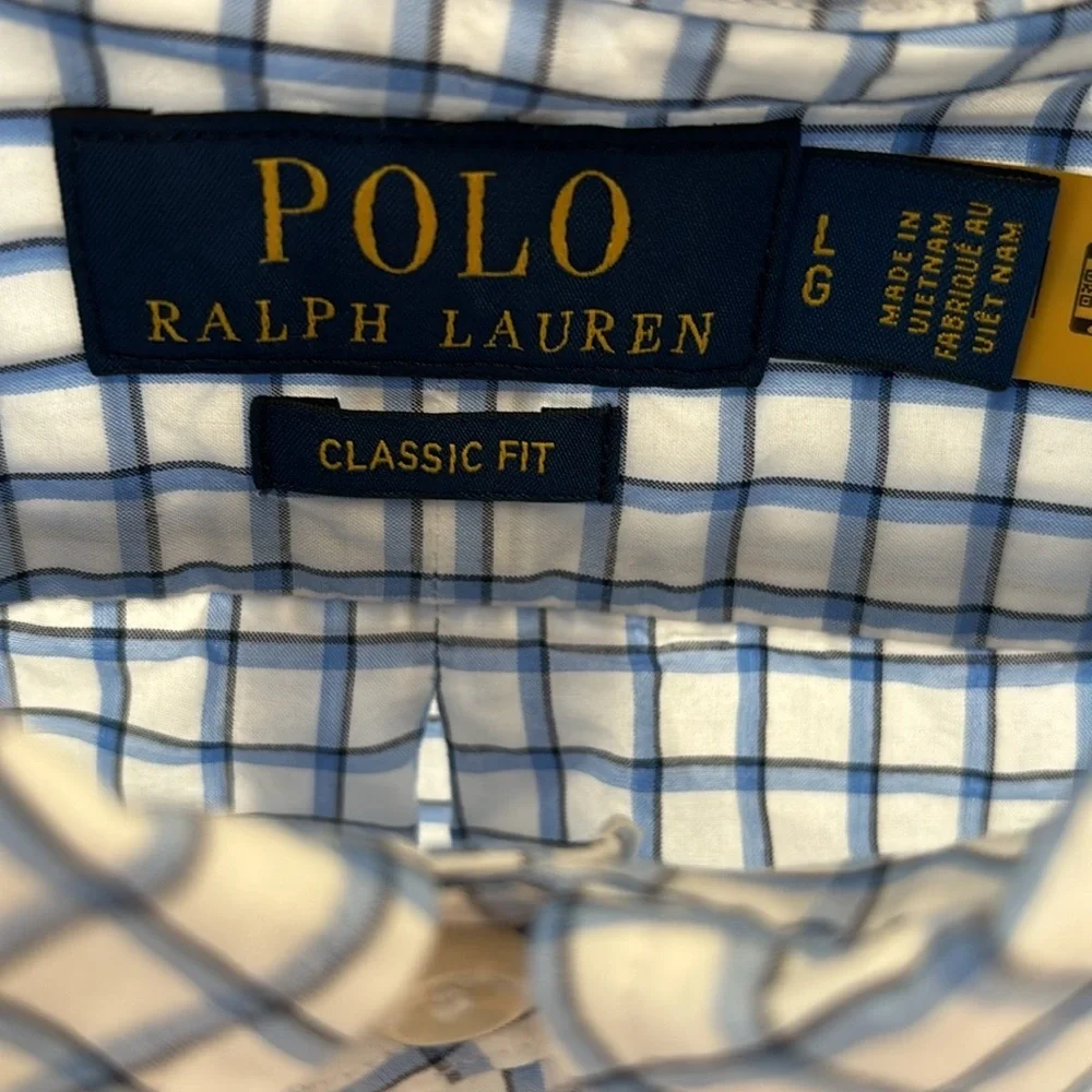POLO RALPH LAUREN Mens Blue White Black Plaid Button Down Shirt Size Large Twill